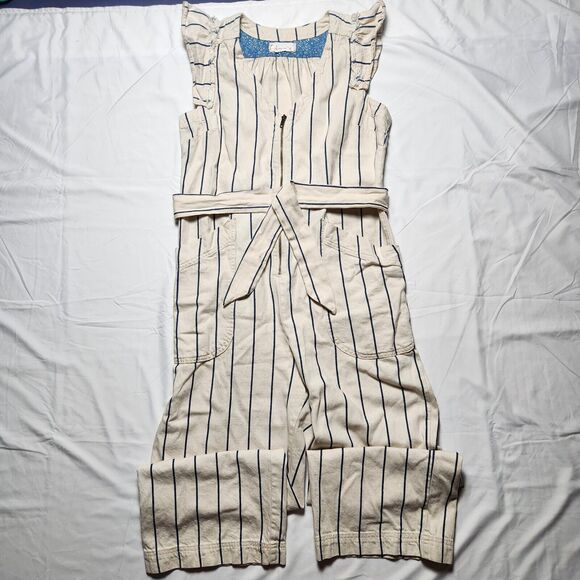 Anthropologie Womens 12 Heeda Ruffle Sleeve Striped Denim Jumpsuit Ivory Blue - Picture 2 of 9